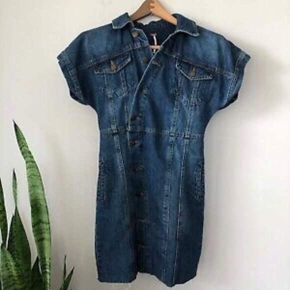 FREE PEOPLE Blue Denim Short Sleeve Button Down Mini Dress Size XS - Picture 3 of 4